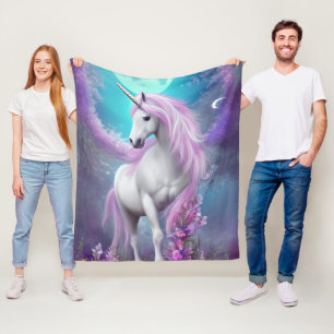 White Unicorn with Purple Flowers & Moon. Fleece Blanket