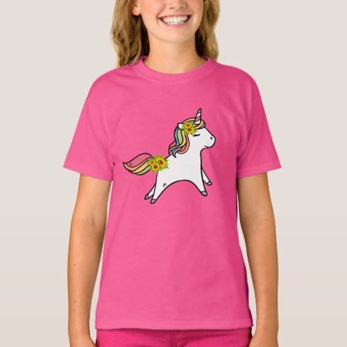 White unicorn with rainbow mane  Cute sunflower T_Shirt