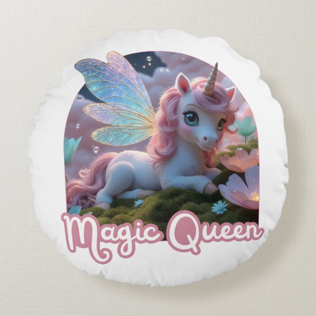 White unicorn with wings - Magic Queen Round Pillow (Front)