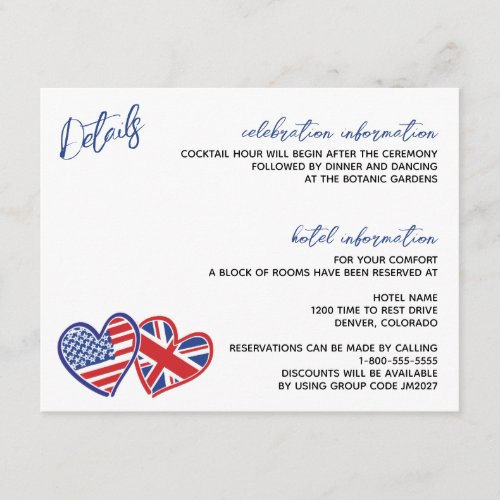 White United Kingdom American Wedding Enclosure Card