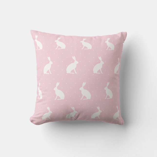 White Upright Bunnies Pattern. Girly Pink Throw Pillow (Front)