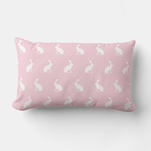 White Upright Rabbits & Polka Dots. Baby Pink Lumbar Pillow (Front)