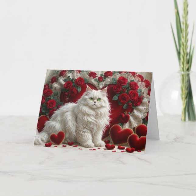 White Valentine's Day Cat Holiday Card (Front)