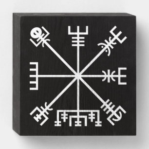 White Vegvisir Sigil on Black Wooden Box Sign