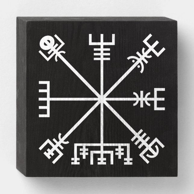 White Vegvisir Sigil on Black Wooden Box Sign (Front Horizontal)