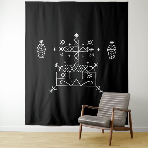 White Veve of Baron Samedi on Black Tapestry