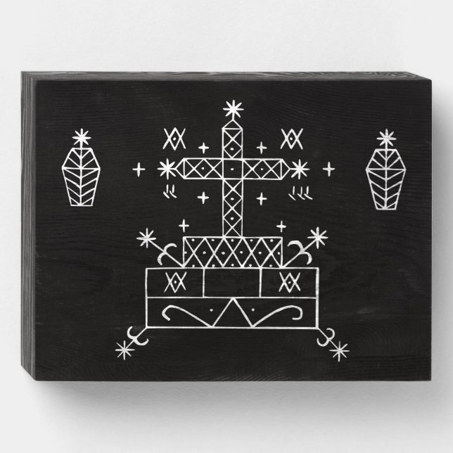 White Veve of Baron Samedi on Black Wooden Box Sign (Front Horizontal)