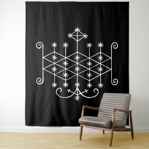 White Veve of Ogoun on Black Tapestry