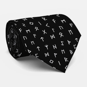 White Viking Runes on Black Background Neck Tie