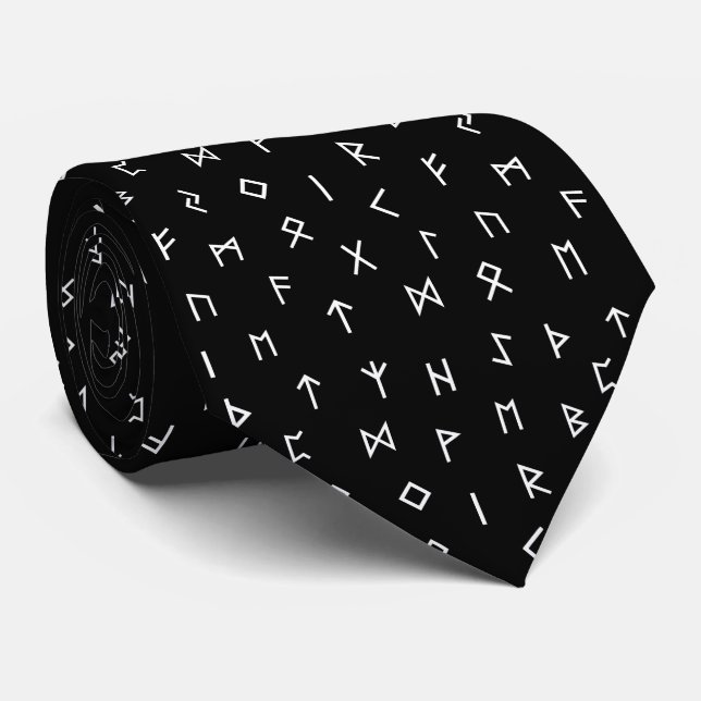 White Viking Runes on Black Background Neck Tie (Rolled)
