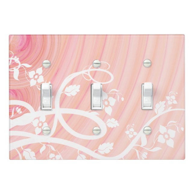 White Vines and Flowers Over Pink Spirals Light Switch Cover (In Situ)