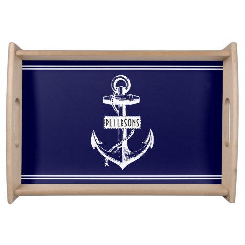 White vintage anchor and stripes navy nautical serving tray
