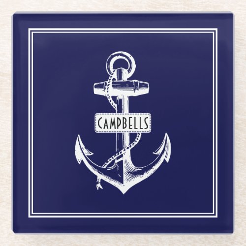 White vintage anchor frame with name navy blue glass coaster