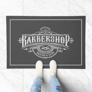 White Vintage Barbershop Typography On Gray Doormat