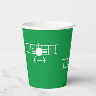 White Vintage Biplane on Green Background Paper Cups