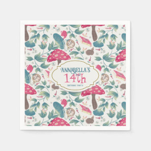 White Vintage Cottagecore Mushroom Birthday Napkins