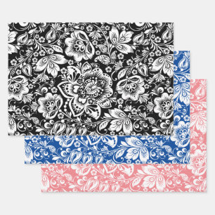 White vintage damask on black, blue and pink wrapping paper sheets
