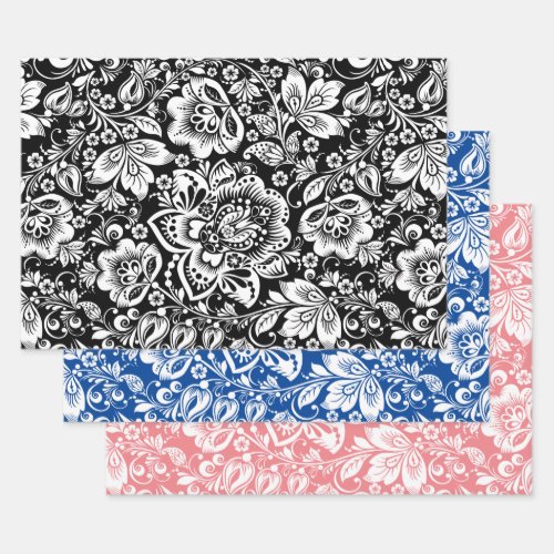 White vintage damask on black blue and pink wrapping paper sheets