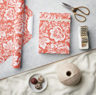 White vintage damask on orange background wrapping paper