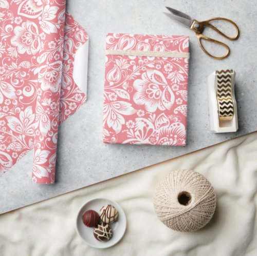 White vintage damask on pink background wrapping paper