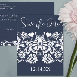 White Vintage Damask Shown On Deep Rich Periwinkle Announcement Postcard