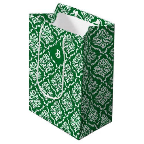 White vintage damasks pattern on Christmas green Medium Gift Bag