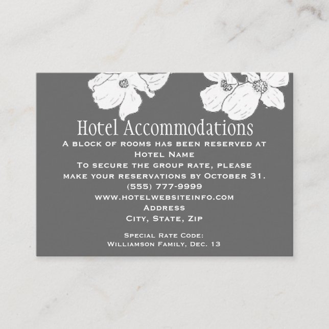 White Vintage Dogwood Hotel Accommodation Cards (Front)