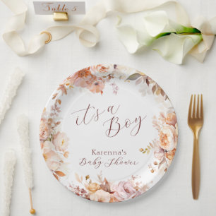 White Vintage Floral Fall It's a Boy Baby Shower Paper Plates