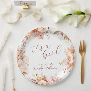 White Vintage Floral Fall It's a Girl Baby Shower Paper Plates