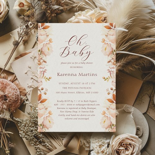 White Vintage Floral Fall Oh Baby Shower Invitation