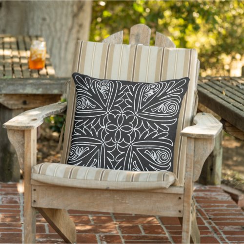 White Vintage Floral Tribal Art Pattern On Black Outdoor Pillow
