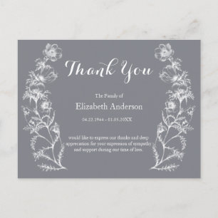 White Vintage Flowers Gray Funeral Thank You Postcard