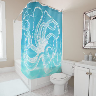 White Vintage Kraken Illustration Ocean Water Shower Curtain