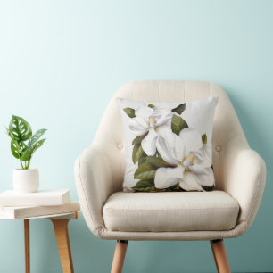 White Vintage Magnolia Botanical Print Silver Gray Throw Pillow