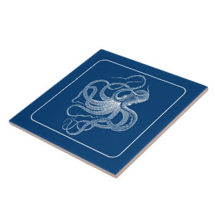 White Vintage Nautical Octopus on Navy Blue Ceramic Tile