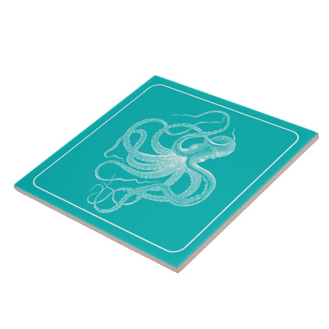 White Vintage Nautical Octopus on turquoise  Ceramic Tile (Side)