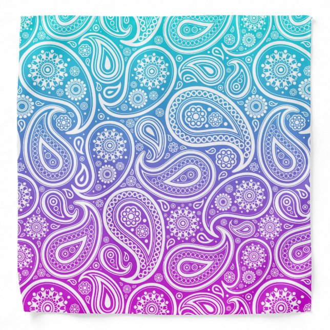 White vintage paisley blue to pink ombre bandana (Front)