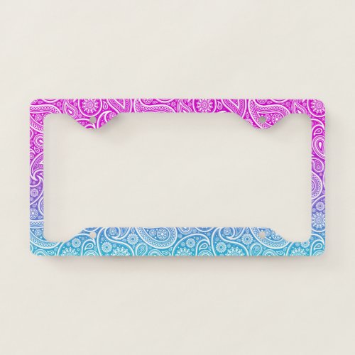 White vintage paisley blue to pink ombre license plate frame