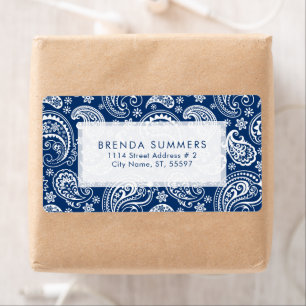 White Vintage Paisley Custom Navy Blue Background Label