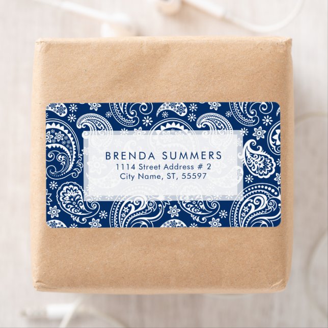 White Vintage Paisley Custom Navy Blue Background Label (Insitu)