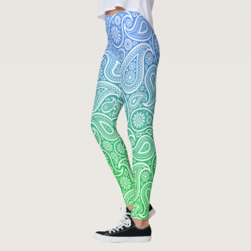 White vintage paisley on blue to green ombre leggings