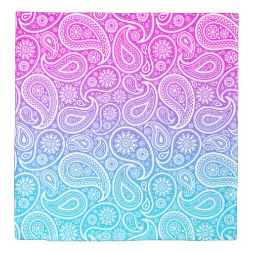 White vintage paisley on pink to blue ombre duvet cover