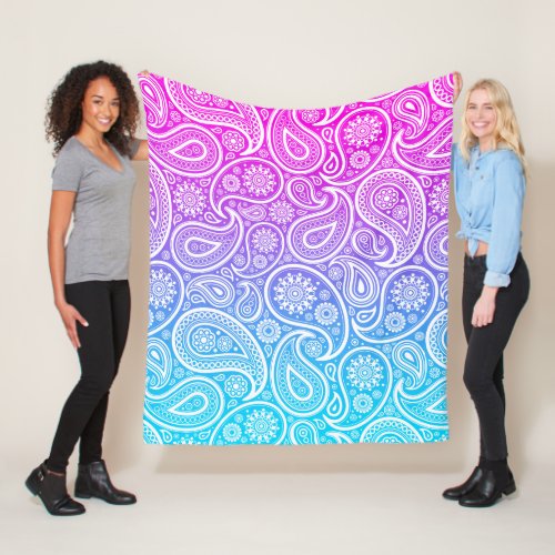 White vintage paisley over pink to blue ombre fleece blanket