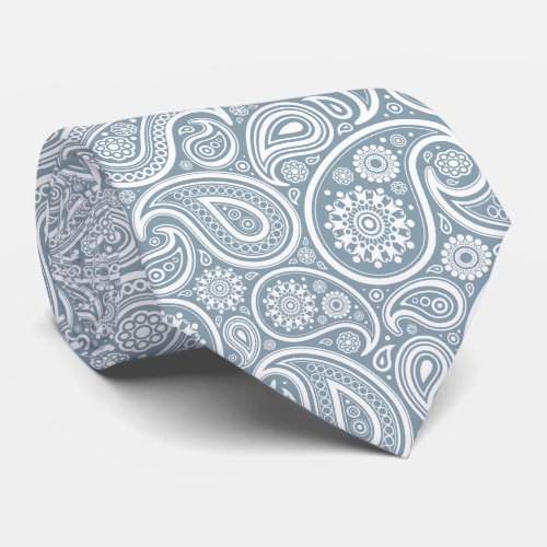 White Vintage Paisley Pattern Muted Blue Back Neck Tie