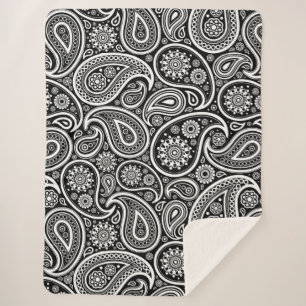 White Vintage Paisley Pattern On Black Sherpa Blanket