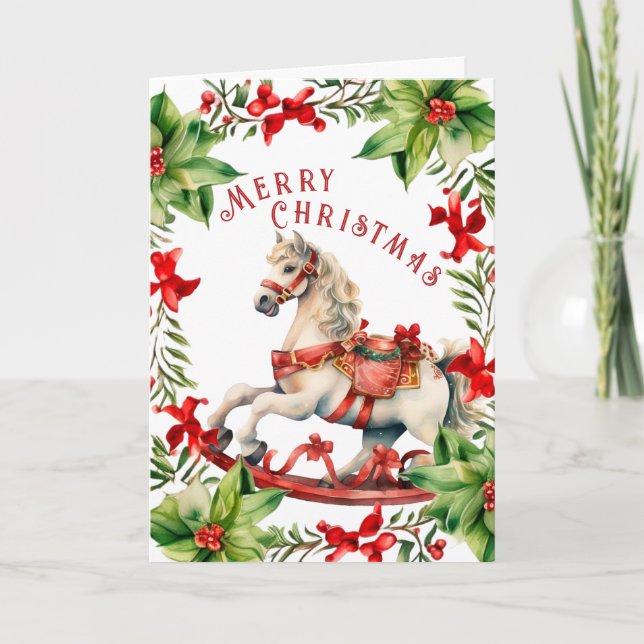 White Vintage Rocking Horse Christmas Card (Front)