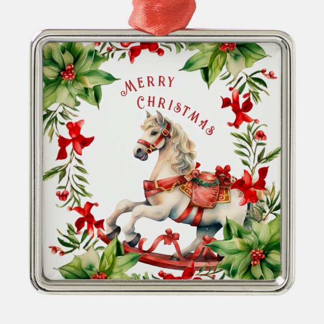 White Vintage Rocking Horse Christmas Ornament (Front)