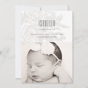 White Vintage Rose Birth Announcement