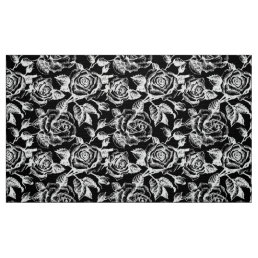 White Vintage Roses Pattern Custom Black Backgroun Fabric