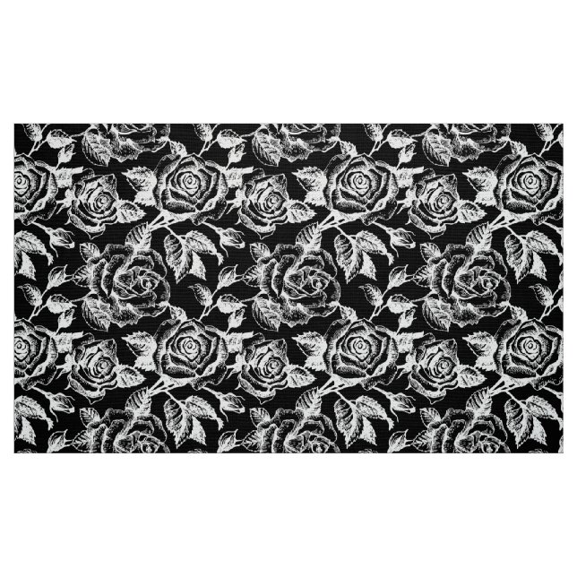 White Vintage Roses Pattern Custom Black Backgroun Fabric (Fat Quarter)